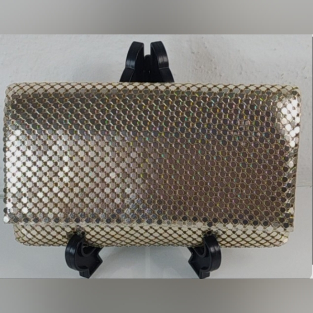 Mini Clutch Purse Wallet Jessica McClintock Gold Mesh with 21" chain Metal Strap